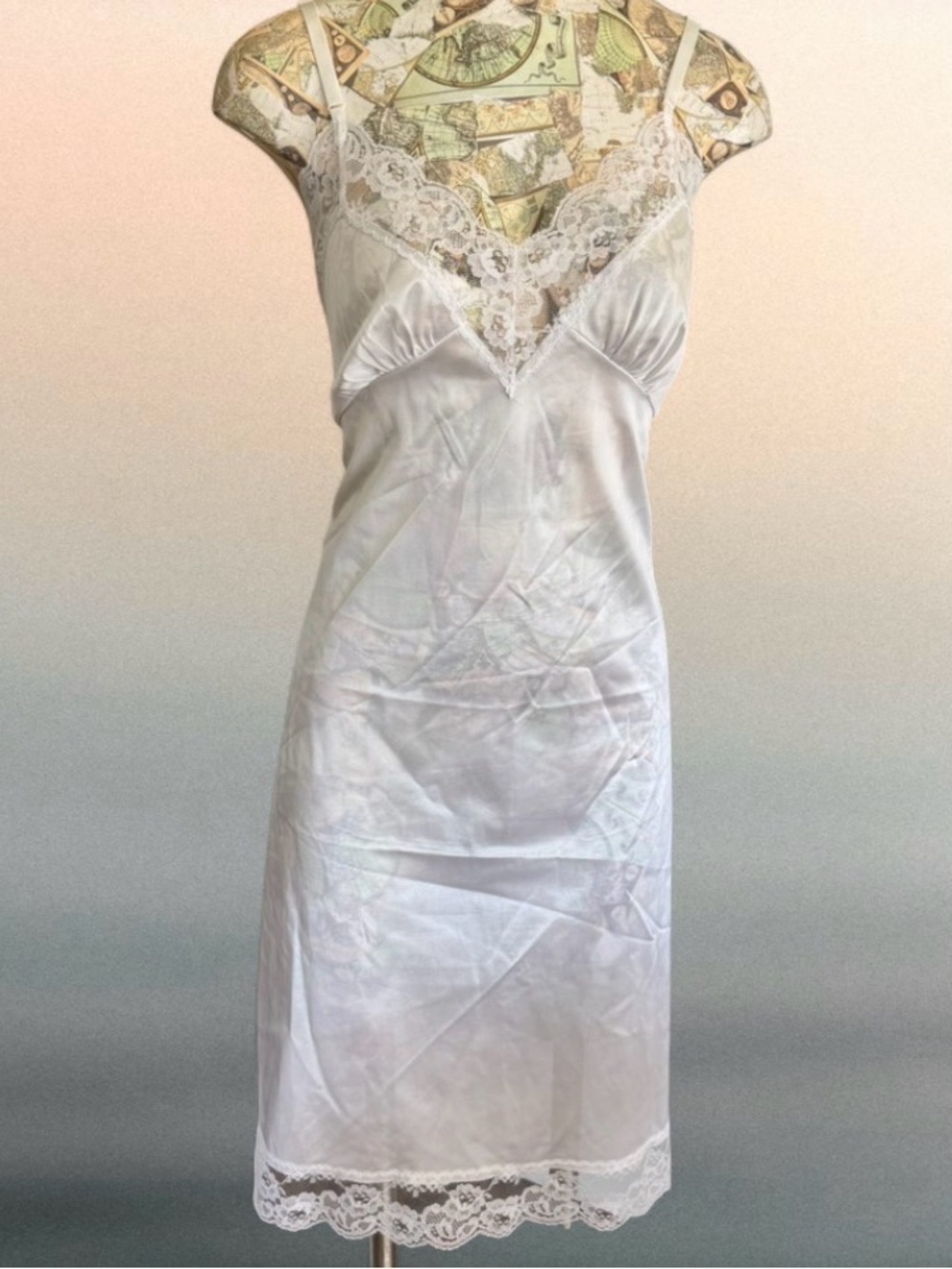 Sliperfection Vintage Made in USA Lace Trim White Slip Dress size 36